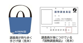 青い手さげ袋と調査員証の見本のイラスト